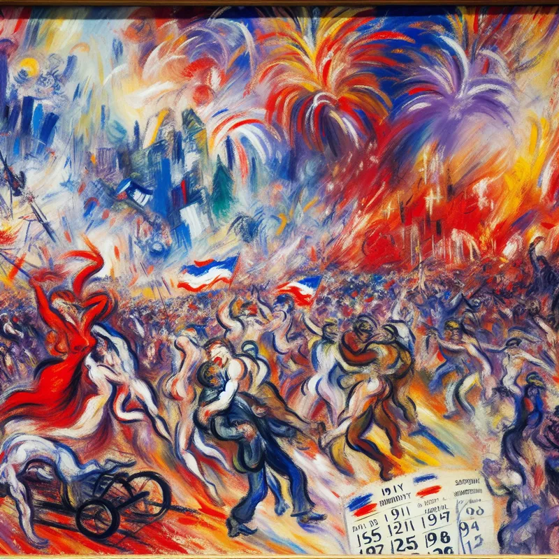 Abstract expressionistisch schilderij van een chaotische viering van een historische datum in 1945, met dynamische figuren en felle kleuren