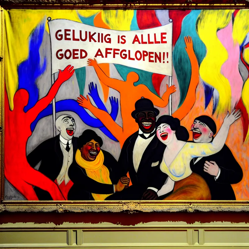 Een kleurrijke abstracte compositie met diverse mensen die samen vieren en een banner vasthouden met de tekst 'Gelukkig is alles goed afgelopen'.
