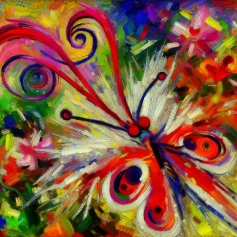 Abstracte weergave van een vlinder met lange, overdreven antennes in een kleurrijke bloemenachtergrond, symboliserend navigatie en leven.