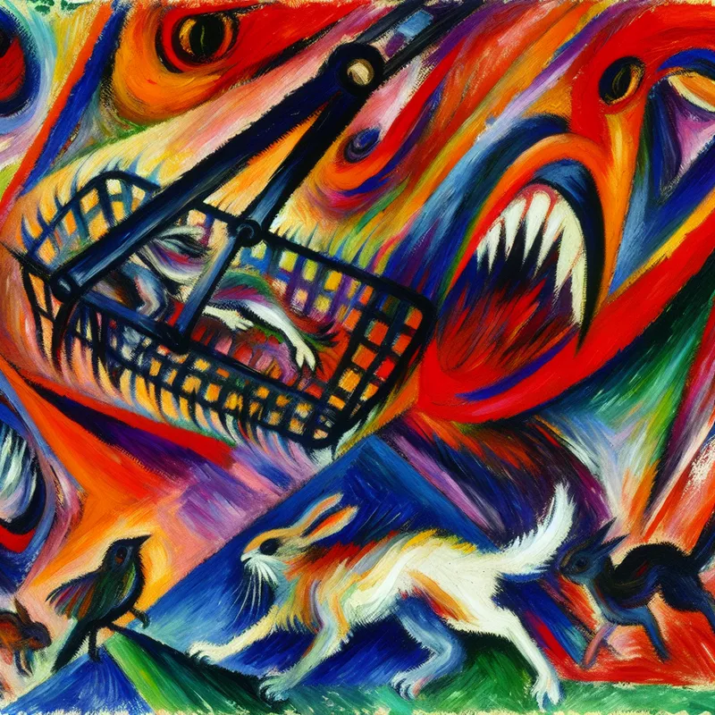 Abstracte afbeelding van een voetval als vangnet voor dieren met kleurrijke, dynamische brushstrokes.