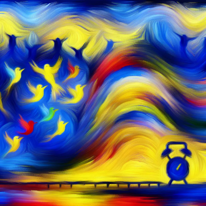 Abstract expressionistisch schilderij van een kleurrijke lucht gevuld met jonge vogels die piepen.