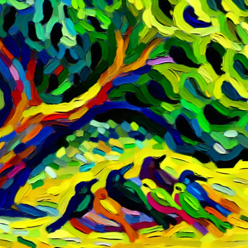 Vogels rusten onder een grote kleurrijke boom in abstracte stijl