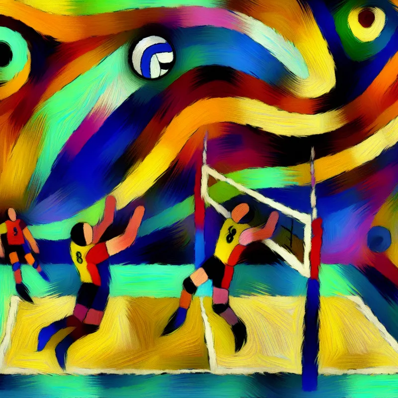 Abstracte voorstelling van een spannende volleybalwedstrijd met felle kleuren en dynamische bewegingen, geïnspireerd op de stijl van Karel Appel
