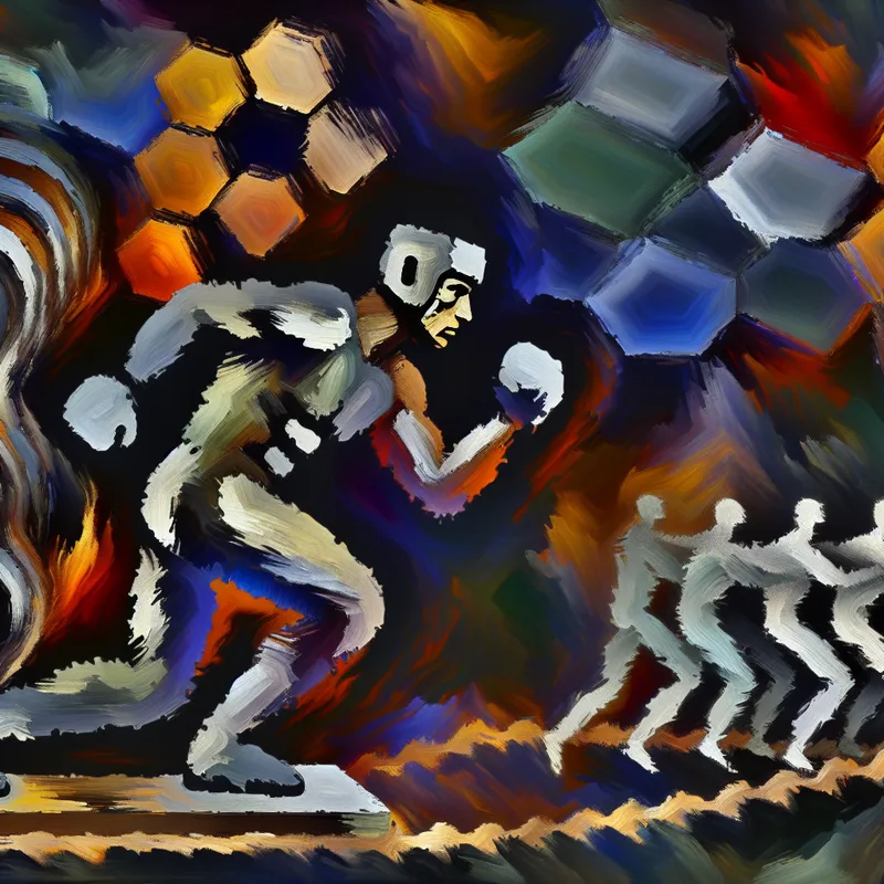 Abstracte afbeelding van een figuur die intensieve training ondergaat, omringd door metalen vormen en levendige kleuren die ijzeren discipline symboliseren.