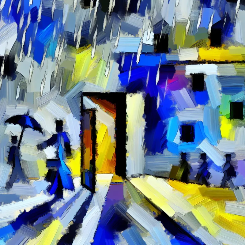 Abstracte voorstelling van een deur die op een kier staat met kleurrijke penseelstreken, symboliserend het verlaten van een ruimte.