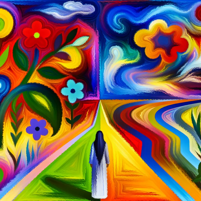 Een abstracte illustratie van 'voor de tijd', met een persoon bij een kruispunt in een kleurrijk landschap.