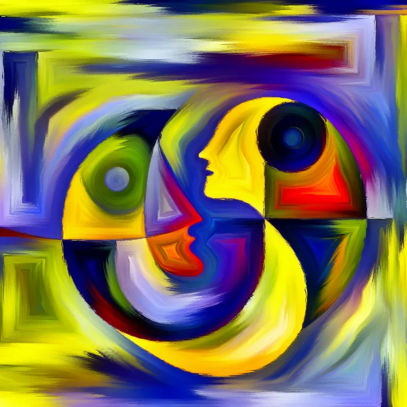 Abstracte afbeelding van twee kleurrijke vormen die harmonieus samensmelten, met een achtergrond van levendige kleuren in de stijl van Karel Appel.