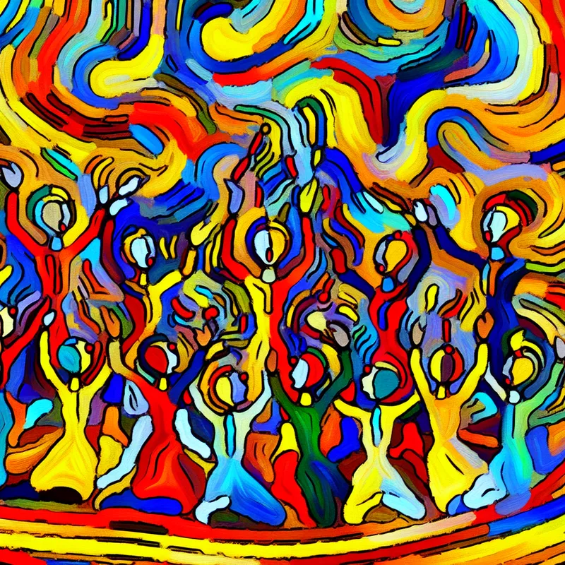 Abstract kleurrijke scène met figuren die vreugdevol een reünie vieren, geïnspireerd door Karel Appel.