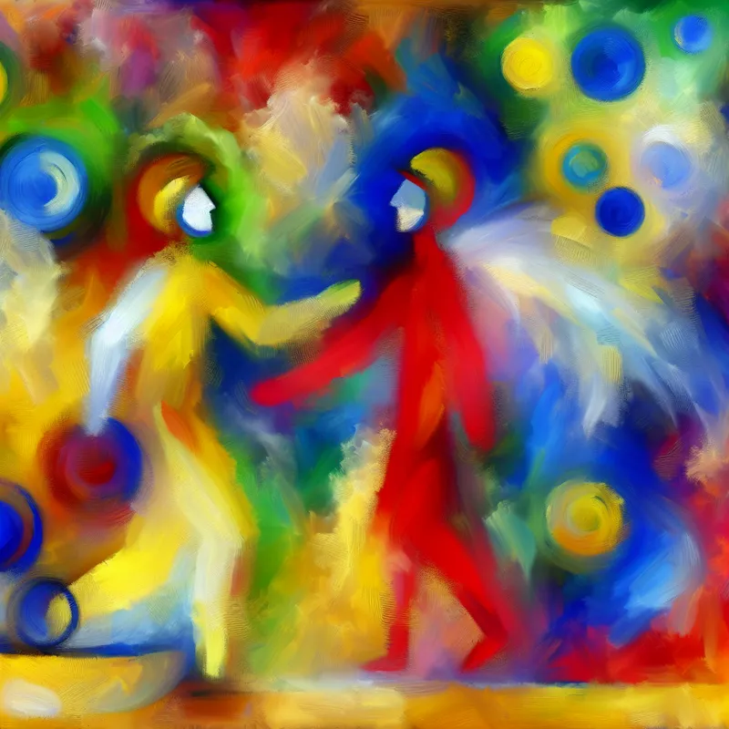 Abstract schilderij van twee vriendelijke figuren in felle kleuren, symbool voor vriendschap en contact