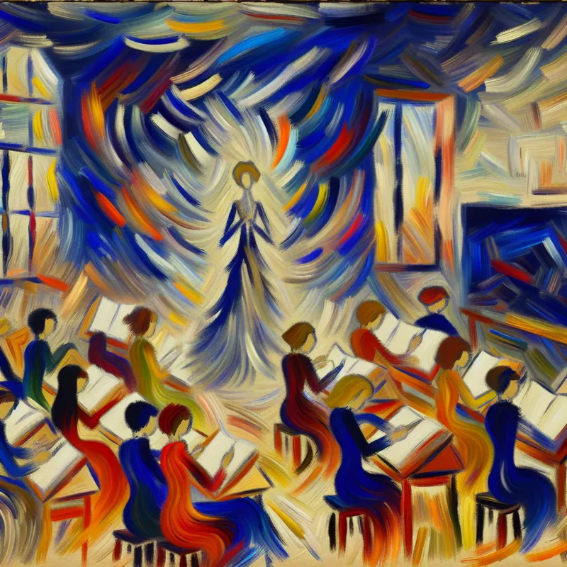 Abstract expressionistisch klaslokaal met lerares en leerlingen die creatief bezig zijn, illustrerend de mate van vrijheid en speelruimte in het onderwijs