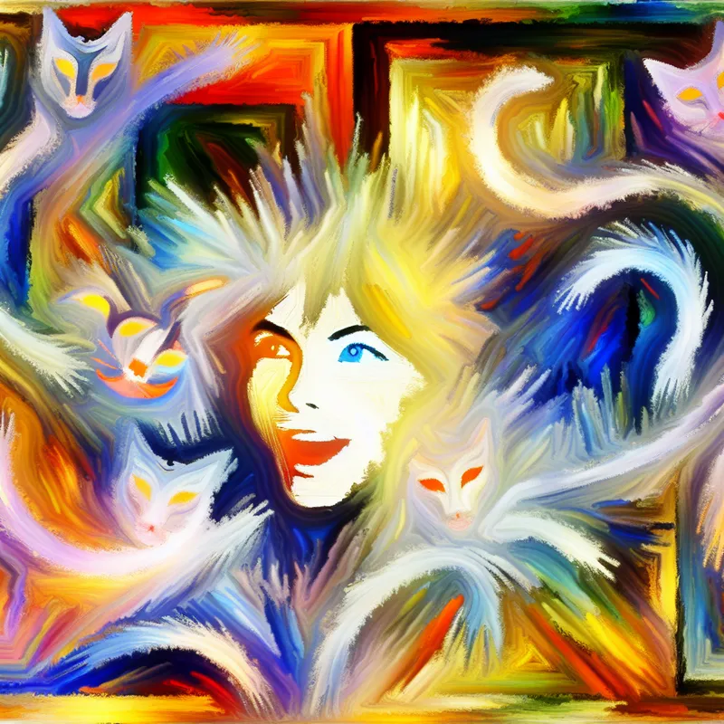 Abstract expressionistisch schilderij van een jonge vrouw omringd door kat-achtige motieven, met een blije uitdrukking.