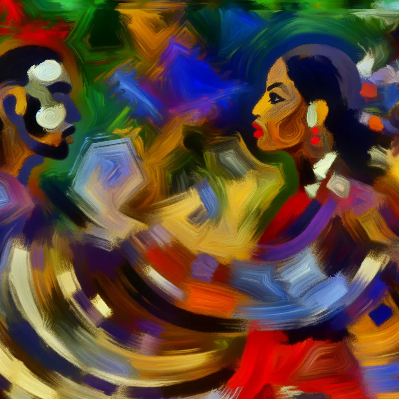 Abstracte afbeelding van een vrouw die snel naar een man kijkt voordat ze wegloopt, met een energieke achtergrond van felle kleuren.