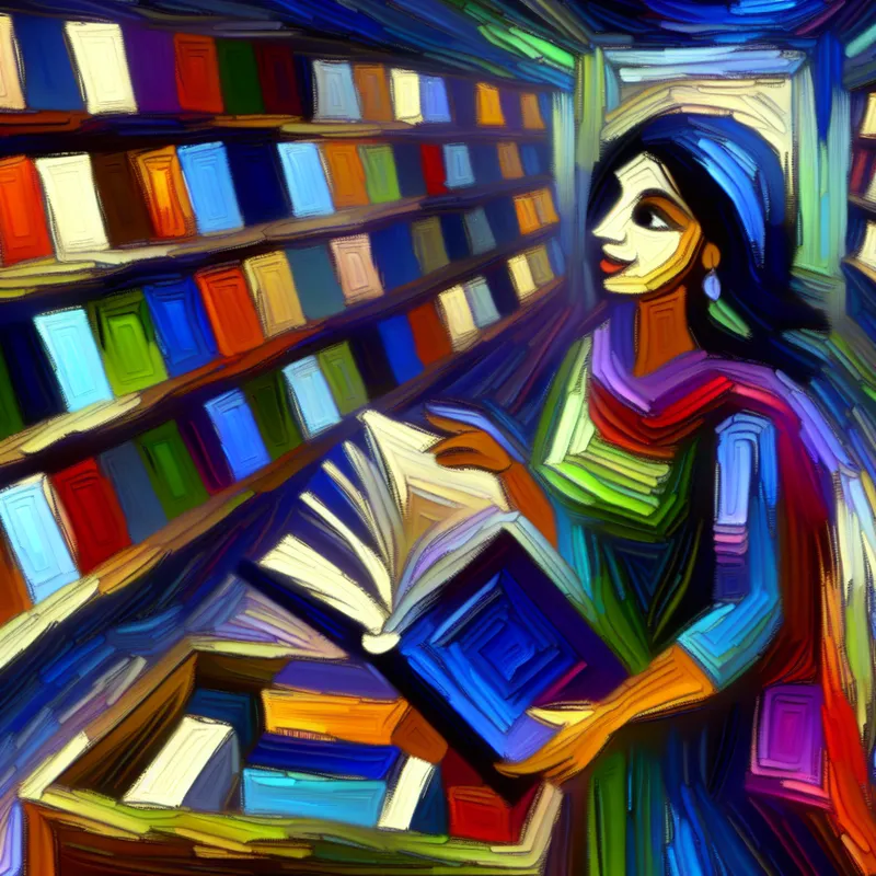 Abstracte scène van een vrouw die een geschiedenisboek koopt in een kleurrijke boekhandel