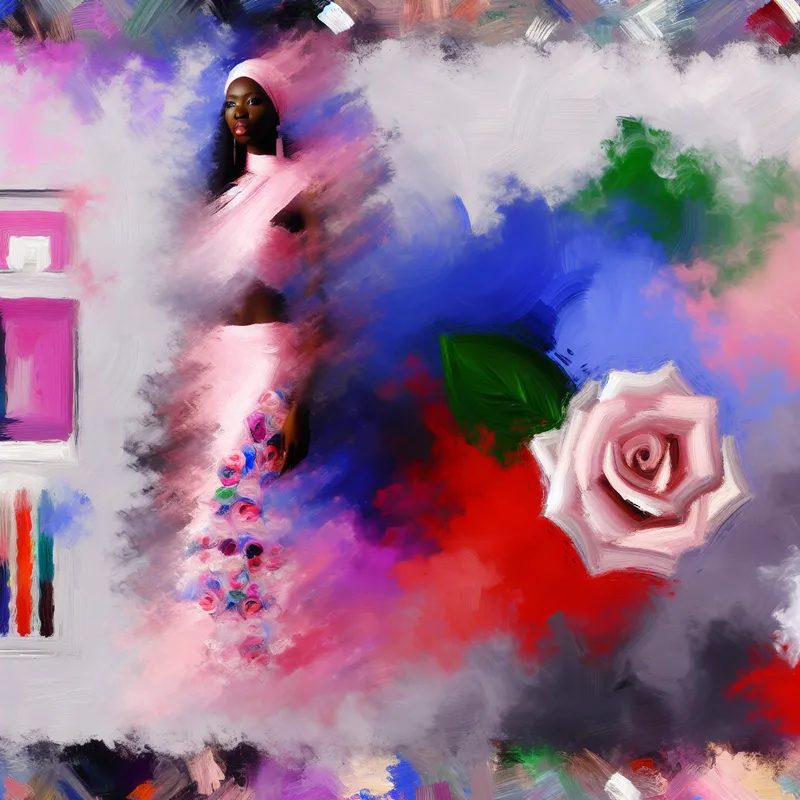 Abstracte vrouw omgeven door kleurrijke misten die de geur van rozen symboliseren.