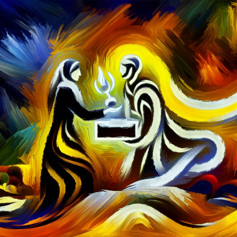 Abstract expressionistische voorstelling van een leraar die een gloeiende trofee overhandigt aan een trotse student, symboliserend waardering voor prestaties