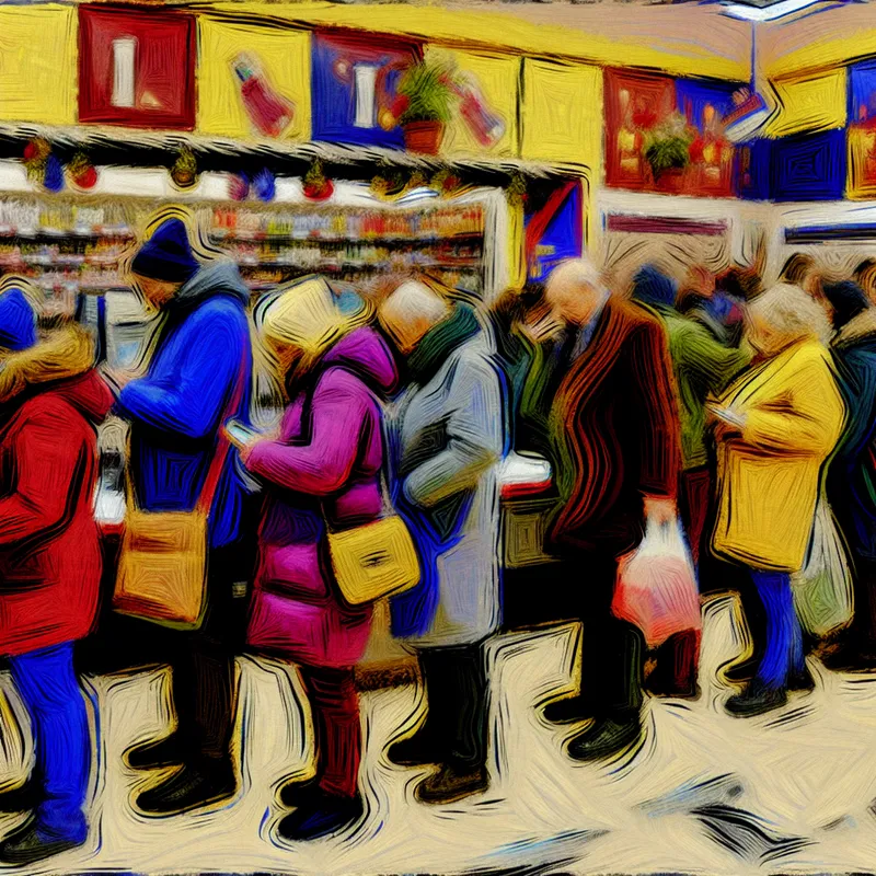 Abstract expressionistisch schilderij van een ongeduldige rij wachtende mensen bij een supermarktkassa, met felle kleuren en chaotische penseelstreken die frustratie en wachttijd uitbeelden