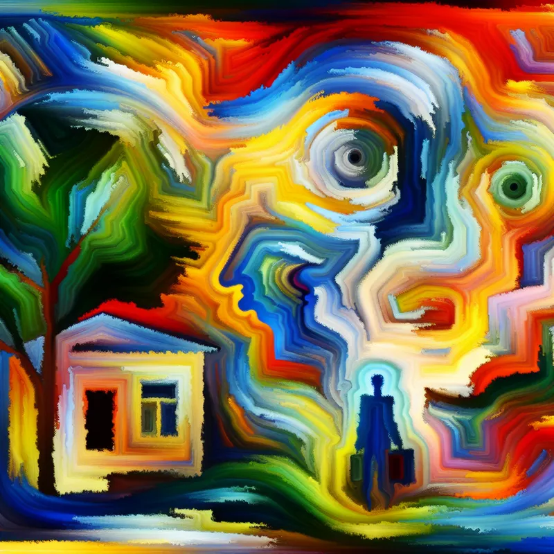 Abstracte afbeelding van een persoon omringd door kleurrijke, expressieve vormen die uiteenlopende emoties zoals vreugde, verdriet en nostalgie uitdrukken.