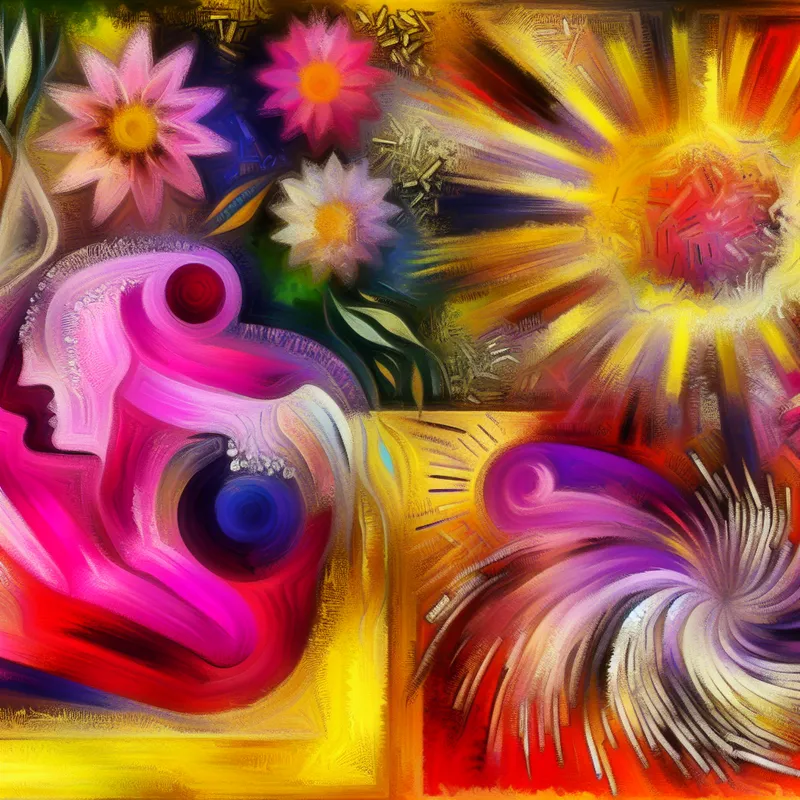 Abstracte kleurrijke weergave van borstkanker en huidkanker, met een roze vorm voor borstkanker omringd door bloemen en een zonburstpatroon in yellows en oranges voor huidkanker.