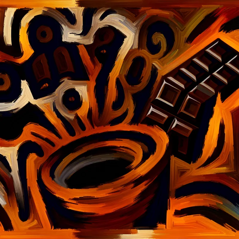 Abstract expressionistisch schilderij dat de onaangename smaak van bittere koffie en chocolade uitbeeldt met chaotische vormen en donkere kleuren.