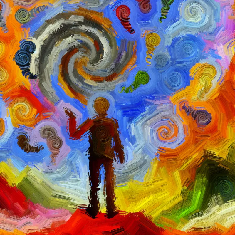 Abstracte weergave van een persoon in een chaotisch, kleurrijk landschap dat een gevoel van verlies en verwarring uitdrukt, omringd door vervagende beelden van dromen en doelen.