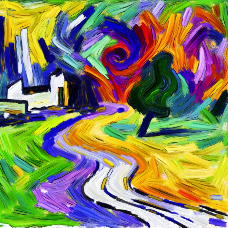 Abstracte schildering van een pad dat leidt naar een park en een treinstation, met energieke, kleurrijke bewegingen en vormen.