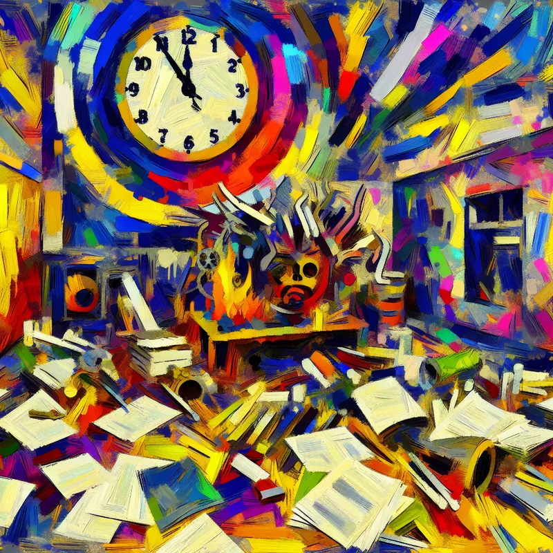 Abstracte afbeelding van een chaotische werkruimte met onafgemaakte projecten en een stilstaand uurwerk, die een tijdelijk onderbreking symboliseert.