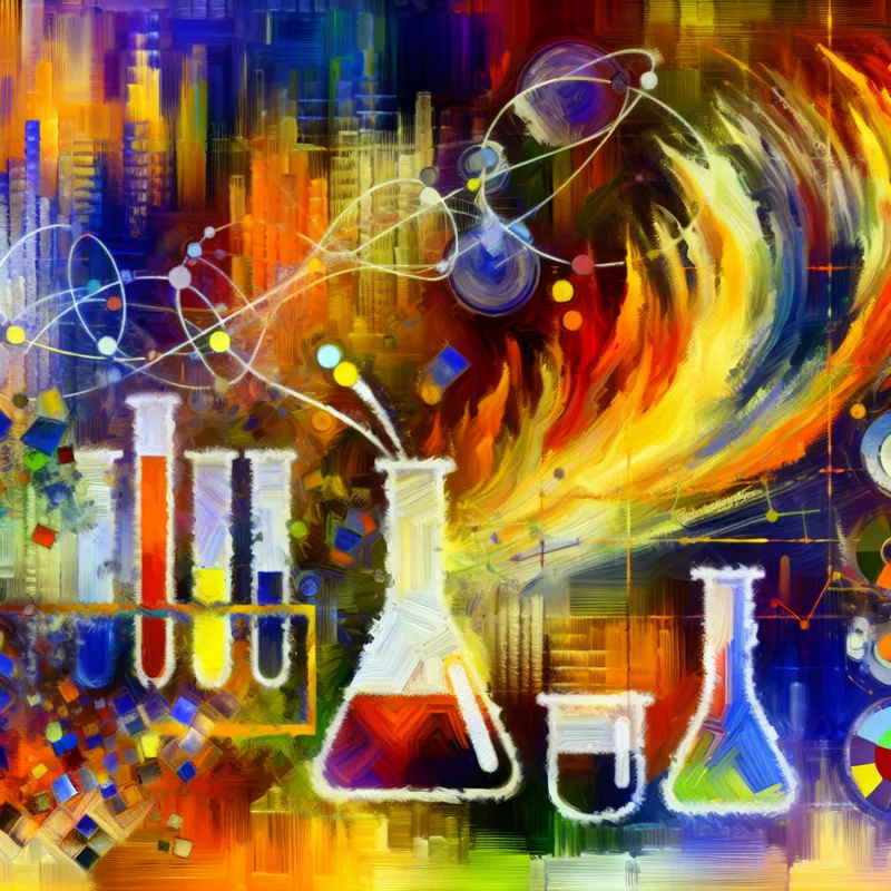 Abstracte voorstelling van wetenschappelijke experimenten met kleurrijke spatten en penseelstreken, inclusief glazen en datapatronen.