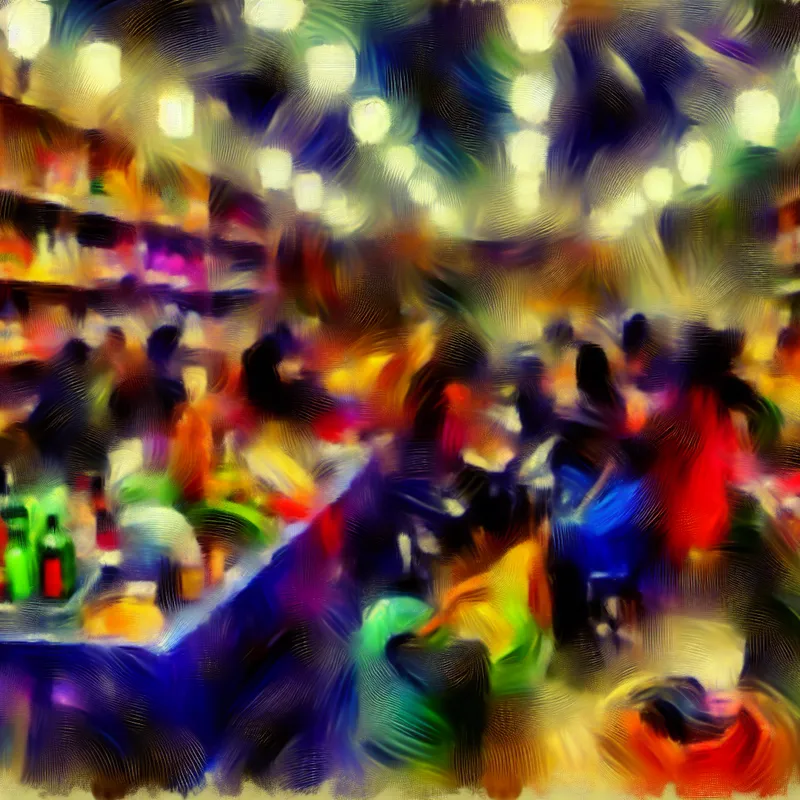 Abstracte uitdrukking van een levendige winkelinterieur met kleurrijke producten en onduidelijke menselijke figuren, geïnspireerd door de stijl van Willem de Kooning.