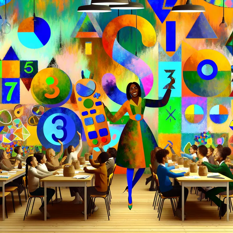 Abstracte klaslokaalscene met diverse studenten die enthousiast zijn over wiskunde, met oversized wiskundemiddelen en kleurrijke muurschilderingen.