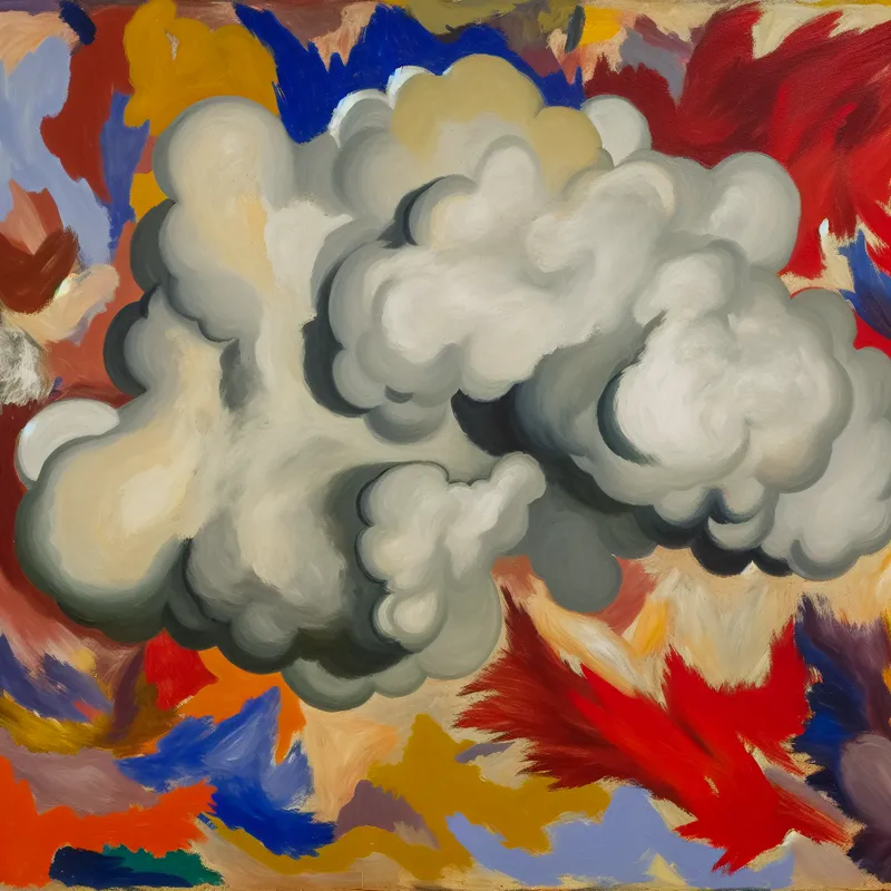 Abstract expressief schilderij met een grote abstracte wolk boven een chaotisch landschap van kleuren.