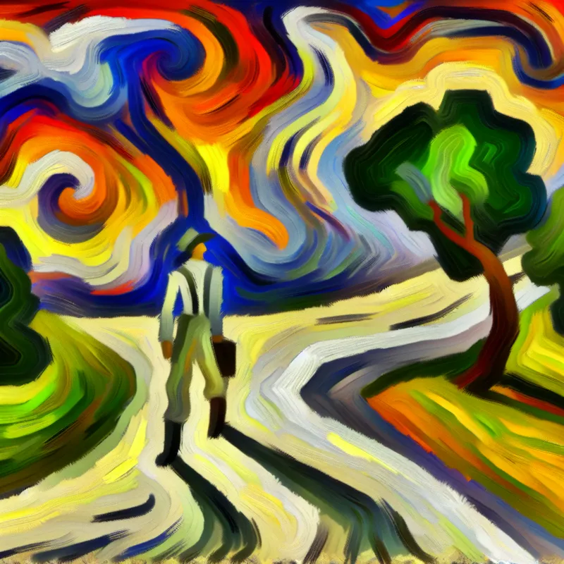 Abstract expressionist schilderij van een figuur die zelfverzekerd alleen staat op een kronkelig pad onder een levendige lucht vol chaotische penseelstreken die veranderlijk weer uitbeelden.