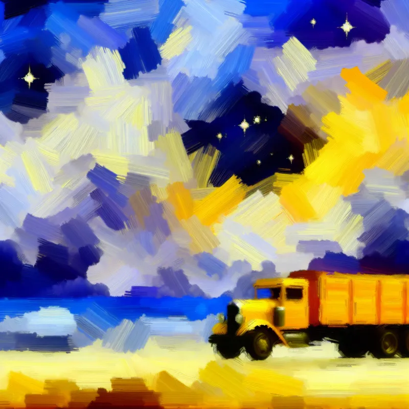 Een abstracte afbeelding van een grote gele vrachtwagen die gedeeltelijk wordt omhuld door wolken, met sterren op de achtergrond, illustreert het concept van zichtbaarheid.