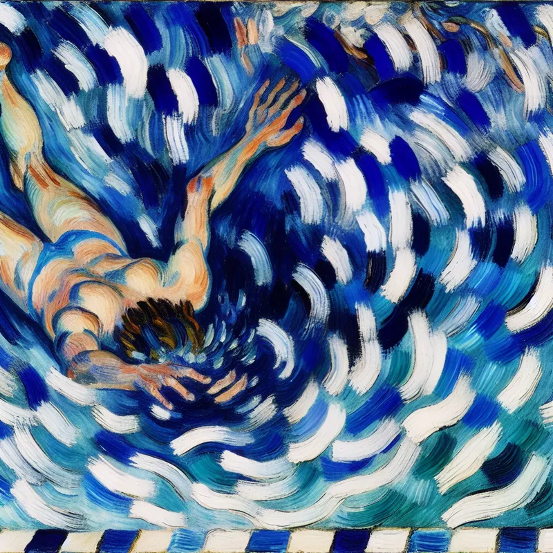 Abstract expressionistisch schilderij van een zwemmer die de bodem van een kolkend zwembad bereikt, met dynamische penseelstreken in levendige blauwen en witte tinten