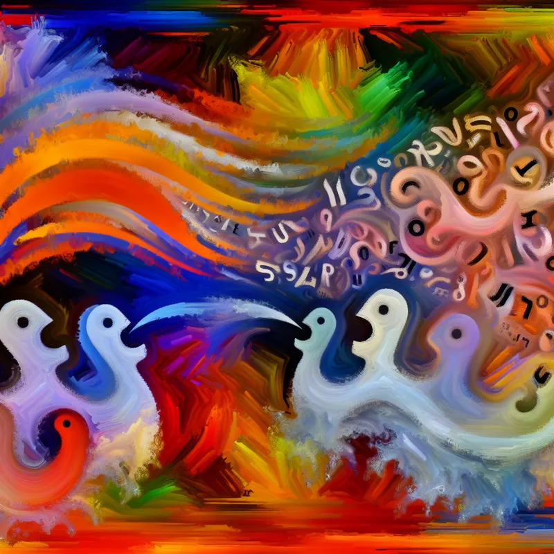 Abstract afbeelding van een levendige en chaotische conversatie over de Iraanse taal Farsi, met kleurrijke penseelstreken en figuren die in een gesprek verwikkeld zijn.