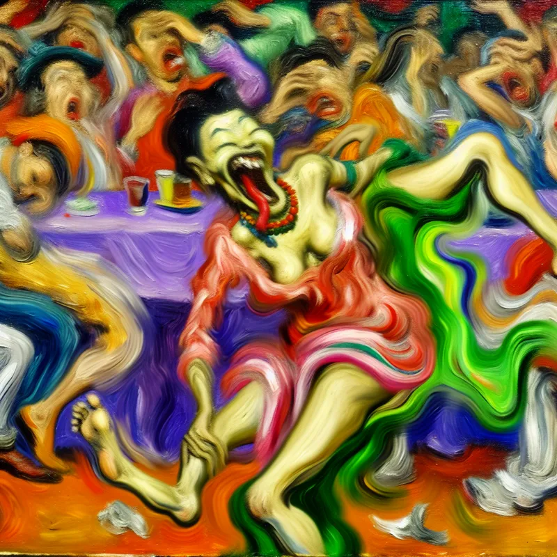 Surrealistisch schilderij van een chaotisch feest met een vrouw in absurde houding, vervormde gezichten en felle kleuren in de stijl van Willem de Kooning