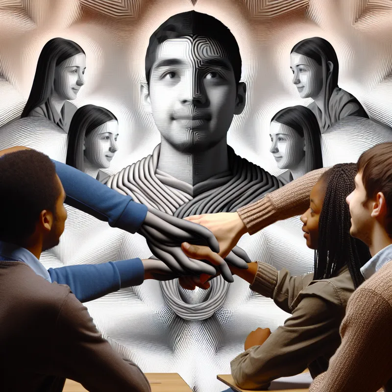 Surrealistische klaslokaal-scène in de stijl van M.C. Escher met verstrengelde handen die een oneindige lus vormen, symboliserend acceptatie en eenheid binnen een groep