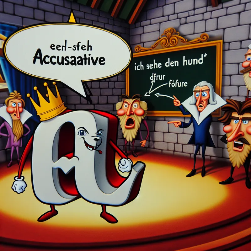 Cartoonachtige klas met geanimeerde letters en woorden die de accusatief in het Duits uitleggen, waarbij de letter 'n' met een kroon centraal staat