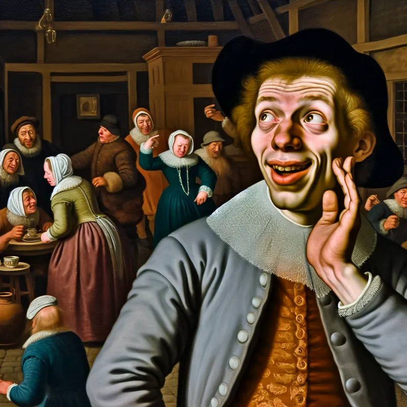 17e-eeuwse Nederlandse scène in de stijl van Jan Steen: persoon drukt lichte verbazing of herinnering uit met hand aan wang in een levendig interieur