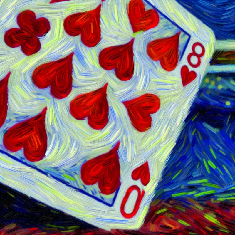 Illustratie van de acht van harten speelkaart in Van Gogh-stijl met acht rode harten, dynamische achtergrond en expressieve penseelstreken