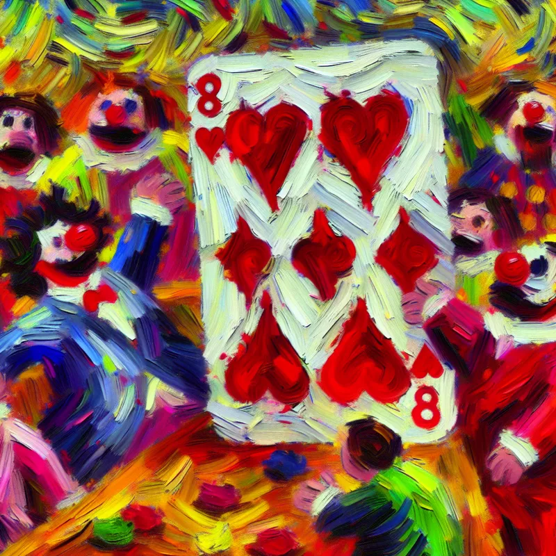 Abstracte voorstelling van de acht van harten in een levendig kaartspel, geschilderd in de expressieve stijl van Karel Appel met dynamische figuren en felle kleuren