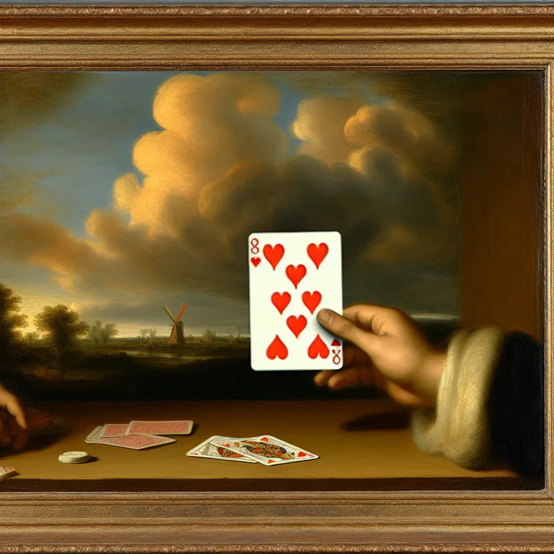 Acht van harten kaart op houten tafel tijdens een 17e-eeuws kaartspel in Nederlandse schilderstijl