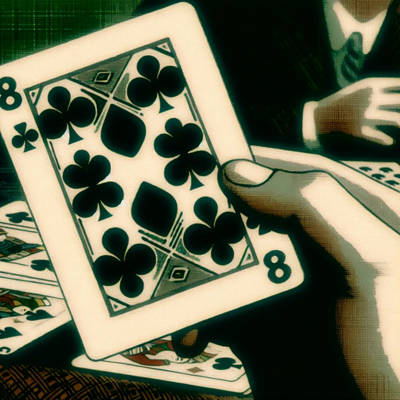 Hand houdt de acht van klaveren speelkaart vast tijdens een kaartspel, retro-futuristische illustratie