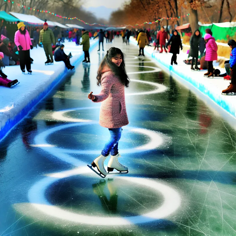 Vrouwelijke schaatsster tekent een perfecte acht-vorm op het ijs tijdens een levendige winterse scène in de stijl van Hendrick Avercamp