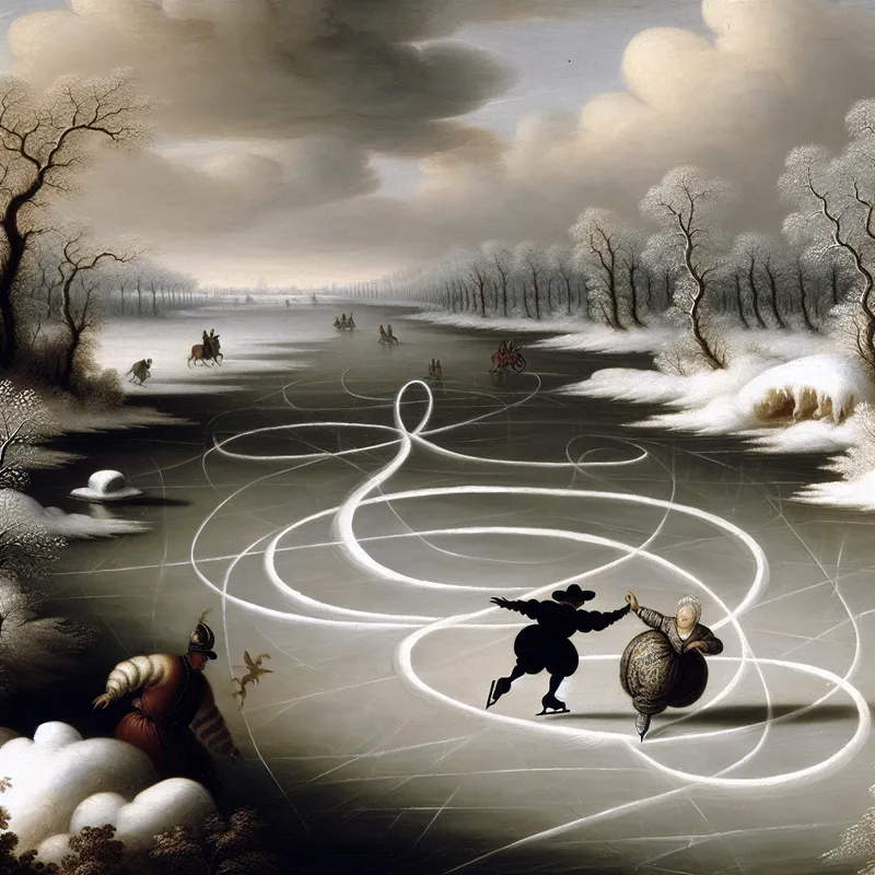Twee schaatsers trekken een perfecte acht-vorm in het ijs op een bevroren meer in een winterlandschap, geïnspireerd op Jacob van Ruisdael