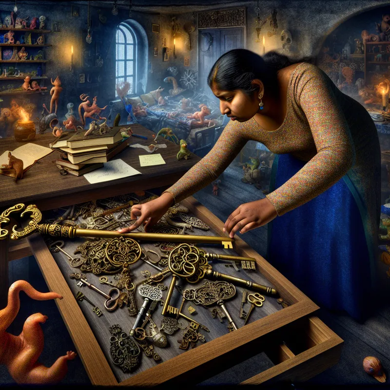 Surrealistisch tafereel van een chaotische tafel met sleutelbos die achteloos wordt neergelegd tussen rommel en bizarre wezens, geïnspireerd op Hieronymus Bosch