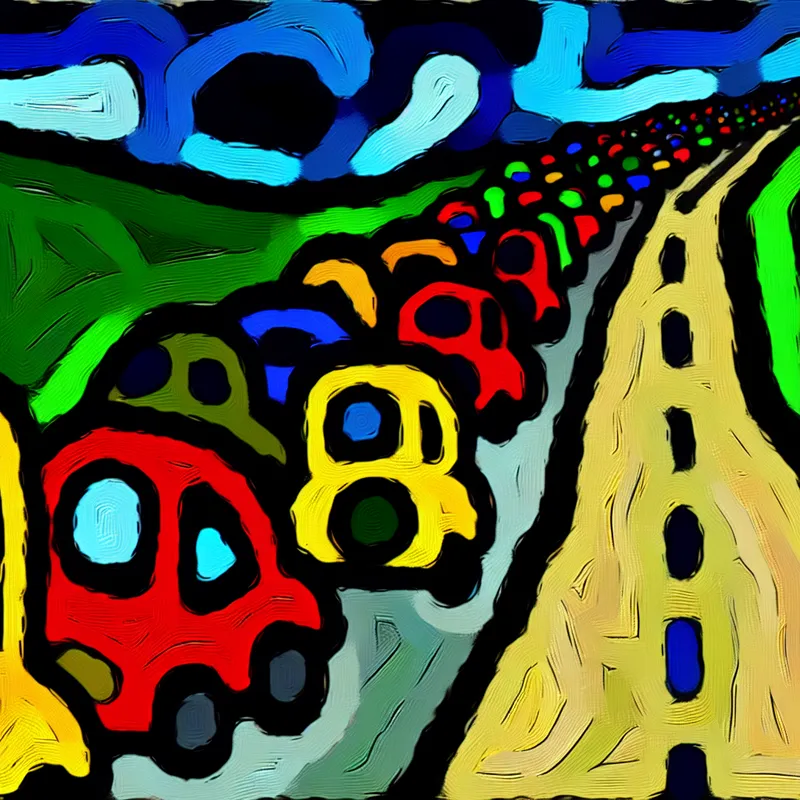 Abstracte voorstelling van het einde van een file met chaotisch gestapelde auto's in felle kleuren, stijl van Karel Appel