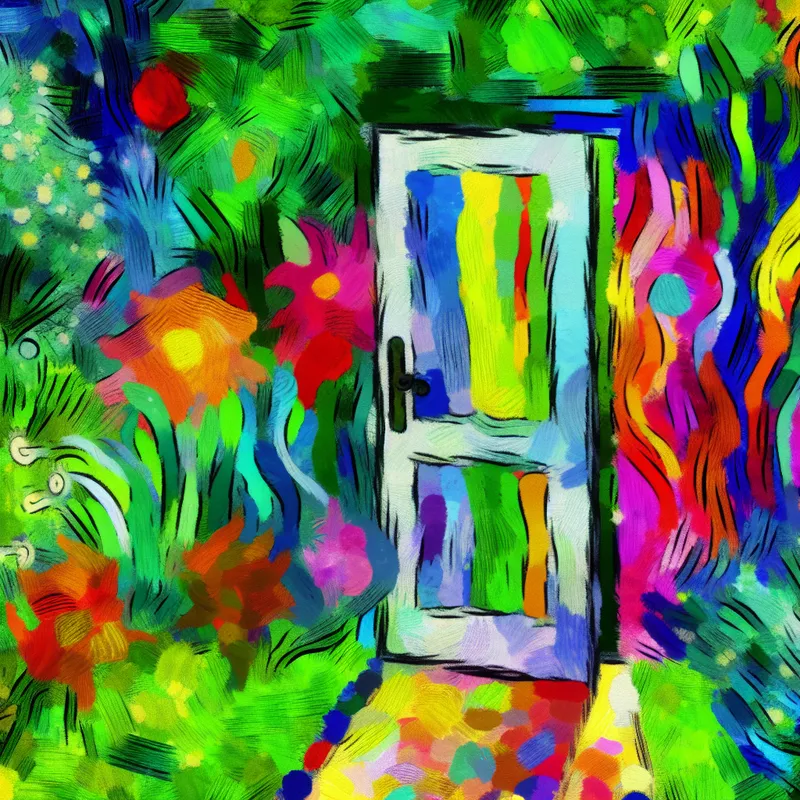 Abstracte afbeelding van een openstaande achterdeur die leidt naar een kleurrijke tuin met grote bloemen en levendig groen.