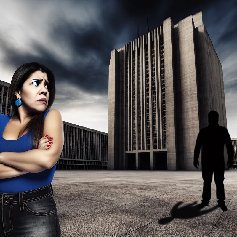 Een vrouw kijkt achterdochtig naar een schaduwachtige man in een verlaten stedelijke omgeving.