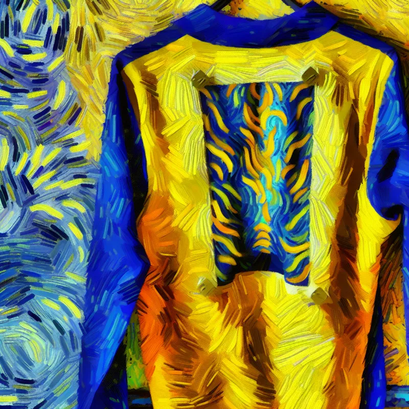 Kleurige achterkant van een shirt dat tegen een textuur muur hangt, met opvallende ontwerpen en levendige kleuren.