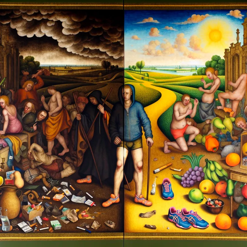 Illustratie van een persoon bij een kruispunt, symbolisch voor het achterlaten van een oude emotie, gewoonte of levensfase in de stijl van Jan Steen